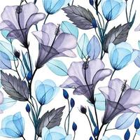 aquarela sem costura padrão com flores de hibisco transparentes. estampa delicada com flores e folhas cinza e azul. raio X vetor