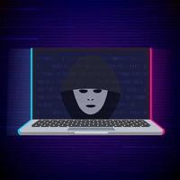 laptop e máscara de hacker anônimo. ícone de hacker. ilustração vetorial com efeito de falha. vetor