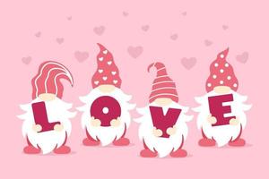 gnomo bonito dos namorados com letras de amor. projeto de dia dos namorados. ilustração vetorial isolada no fundo rosa. vetor