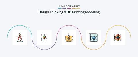 design thinking e linha de modelagem de impressão d preenchida com 5 ícones planos, incluindo objeto. globo. caixa. rede. navegador vetor