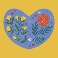 cartão de feliz dia dos namorados, convites, declaração de amor. molde quadrado com flores em um coração azul, em um fundo amarelo. ilustração vetorial. vetor