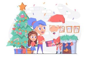 papai noel dá presente para uma garotinha, com lareira e árvore de natal atrás vetor