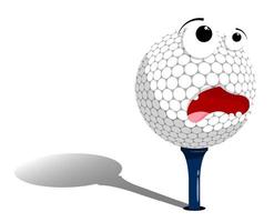 bola de golfe assustada e assustada fica no tee, parada, esperando para ser atingida. equipamento esportivo. vetor de desenho animado