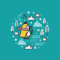 linda ilustração de inverno com pinguim bebê pescando entre icebergs vetor