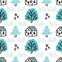 padrão perfeito de inverno com casinhas fofas e árvores nevadas vetor