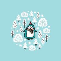 composição de inverno com pinguim bebê fofo, árvores nevadas, flocos de neve vetor