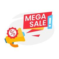 mega venda, promoção de preço especial, desconto com ilustração vetorial de design plano de origami de banner de megafone vetor