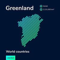 vector creative digital neon flat line art abstrato mapa simples da Groenlândia com textura listrada verde, menta e turquesa em fundo azul escuro. banner educacional, pôster sobre a Groenlândia