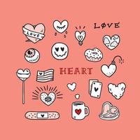 conjunto de ilustração vetorial desenhada de mão de tatuagem de amor com smiley,doces,copa,rosquinha,luz,bomba,bandeira,olho,cartão,fita. texto de amor e coração. coleção de amor de adesivos de dia dos namorados. conjunto de desenhos de tatuagem. vetor