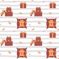 padrão perfeito com gatos bonitos. o gato está sentado em uma caixa de presente com um laço, deitado em um travesseiro. fundo listrado texturizado. para design de embalagem para dia dos namorados, aniversário. ilustrações vetoriais. vetor