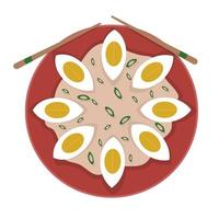 ovos com cebola e molho em um prato e pauzinhos para sushi. ilustração sobre o tema da culinária asiática. vetor