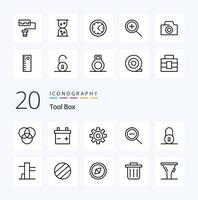 Pacote de ícones de linha de 20 ferramentas como ferramentas de funil padrão e símbolo de litro de utensílios vetor