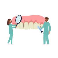 clínica odontológica e conceito de saúde. mulher e homem dentistas personagens de desenhos animados em pé examinando o estado do enorme dente humano juntos ilustração vetorial vetor