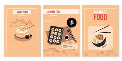conjunto de panfletos, cartazes com comida japonesa, chinesa, pãezinhos, sopa de ramen, bolinhos. banner, publicidade de restaurante, desconto, venda. vetor