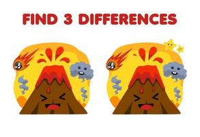 jogo educacional para crianças encontra três diferenças entre dois vulcões bonitos de desenho animado com fumaça e planilha de natureza imprimível de meteoro vetor