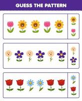 jogo de educação para crianças adivinhar o padrão de cada linha da folha de trabalho de natureza imprimível de flor de desenho animado bonito vetor