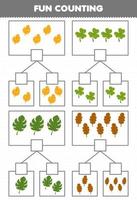 jogo de educação para crianças divertidas contando imagens em cada caixa de folha de desenho animado bonito folha de trabalho de natureza imprimível vetor