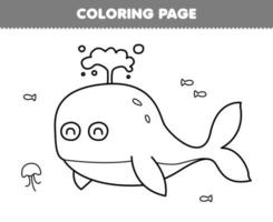 jogo de educação para crianças, página para colorir de desenho animado bonito, arte de linha de baleia, planilha subaquática para impressão vetor