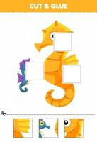 jogo educacional para crianças corte e cole partes cortadas de um lindo cavalo-marinho de desenho animado e cole-as em uma planilha subaquática imprimível vetor