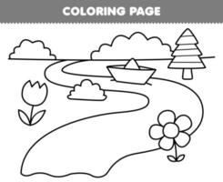 jogo de educação para crianças colorir página da cena ribeirinha bonito dos desenhos animados com folha de trabalho de natureza imprimível de arte de linha de flor e árvore vetor