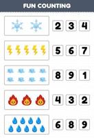 jogo educativo para crianças, divertido, contando e escolhendo o número correto de floco de neve bonito, trovão, fogo, gelo, água, planilha de natureza imprimível vetor