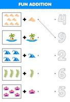 jogo de educação para crianças divertidas contando e adicione mais um coral de algas marinhas de onda de ilha de areia de desenho animado e escolha a planilha de natureza numérica correta vetor