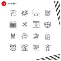 pacote de interface do usuário com 16 contornos básicos de objetivos de coador, romance, dardos, descanso, elementos de design de vetores editáveis