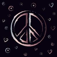 ícone, adesivo no estilo hippie com sinal de paz gradiente desenhado à mão, flores e corações em fundo escuro. vetor