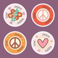 defina ícones, adesivos no estilo hippie com sinal de paz, paz de texto, amor, hippie, flores e corações. Estilo retrô vetor