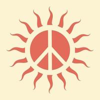 ícone, adesivo no estilo hippie com sinal de paz ensolarado laranja sobre fundo bege. Estilo retrô vetor