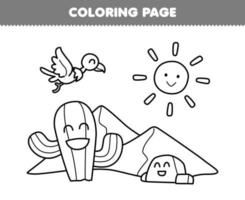 jogo de educação para crianças, página para colorir de cacto de desenho animado bonito e abutre na folha de trabalho de natureza imprimível da arte de linha do deserto vetor