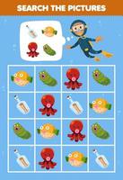 jogo educacional para crianças ajuda o mergulhador profissional bonito dos desenhos animados quadrado o conjunto de animais correto imagem planilha subaquática imprimível vetor