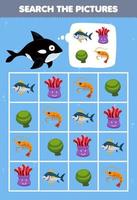 jogo de educação para crianças ajuda desenho animado bonito orca quadrado o conjunto de animais correto imagem planilha subaquática para impressão vetor