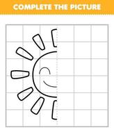 jogo de educação para crianças completa a imagem do meio contorno do sol bonito dos desenhos animados para desenhar planilha de natureza imprimível vetor