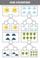 jogo de educação para crianças divertidas contando imagens em cada caixa de lindo desenho animado nuvem de sol montanha árvore planilha de natureza imprimível vetor