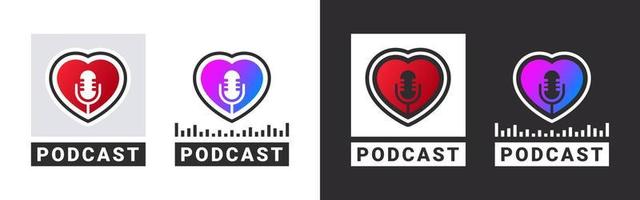 logotipo ou crachá do podcast em forma de coração. sinal de podcast. ícones de microfone de podcast. ilustração vetorial vetor