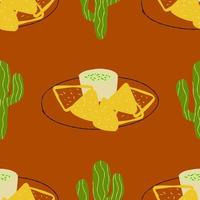 padrão perfeito com nachos de comida mexicana tradicional com ilustração de guacamole com cacto vetor