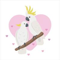 casal de papagaios de amor colorido. cacatua bonito dos desenhos animados com corações rosa. feliz dia dos namorados conceito. seja minha ilustração vetorial de namorados vetor