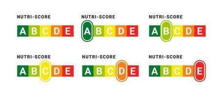 conceito de crachás nutri-score. sinais do sistema de classificação de alimentos. indicador de nutrição de cuidados de saúde. adesivos de pontuação nutricional. ilustração vetorial vetor