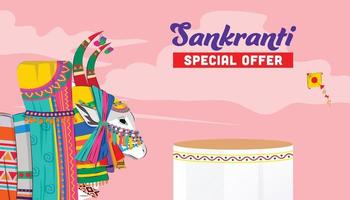 modelo de banner de oferta especial do festival sankranti com pódio de produtos e elementos festivos como jallikattu tradicional vetor