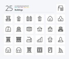 Pacote de ícones de 25 linhas de edifícios, incluindo mesquita. Prédio histórico. Prédio histórico. prédio. capela vetor