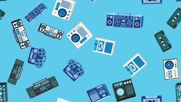 padrão perfeito sem fim com equipamentos eletrônicos de tecnologia de áudio de música velho hipster vintage retrô dos anos 70, 80, 90 isolados em fundo azul. ilustração vetorial vetor