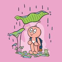 personagem bonito desenhado à mão ou mascote no meio da chuva vetor