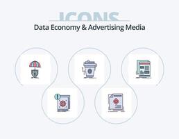 economia de dados e linha de mídia de publicidade cheia de ícones do pacote 5 design de ícones. café. produtos. transferir. local na rede Internet. vídeo vetor