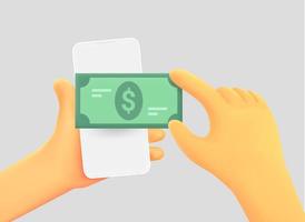 mão segurando o smartphone com notas de dólar. conceito de pagamento móvel. ilustração em vetor 3D