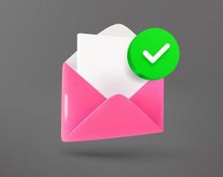 envelope rosa com folha de papel com marca de seleção verde. ícone de vetor 3D