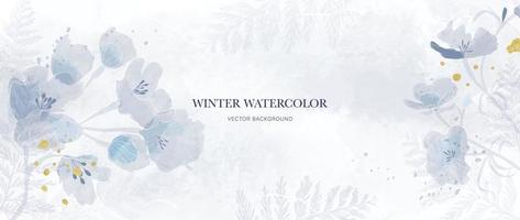 inverno botânico folha aquarela ramos fundo ilustração vetorial. flor selvagem de inverno pintada à mão, folhas de pinheiro e textura de pincel de ouro. design para pôster, papel de parede, banner, cartão, decoração. vetor