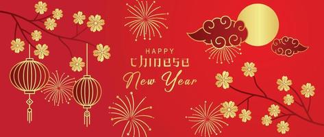 feliz ano novo chinês luxo estilo padrão fundo vetor. lanterna oriental dourada, flores, fogos de artifício e nuvem padrão chinês sobre fundo vermelho. ilustração de design para papel de parede, cartão, pôster. vetor