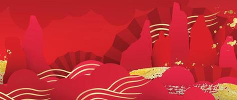vetor de fundo padrão de estilo de luxo oriental japonês e chinês. forma vermelha abstrata e linha de onda de raia dourada, fundo de textura de traçado de pincel. ilustração de design para papel de parede, cartão, pôster.