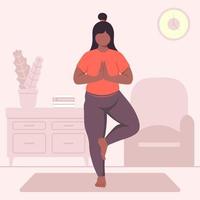 mulher grávida de pele negra fazendo vrikshasana yoga em casa ilustração vetorial em estilo simples vetor